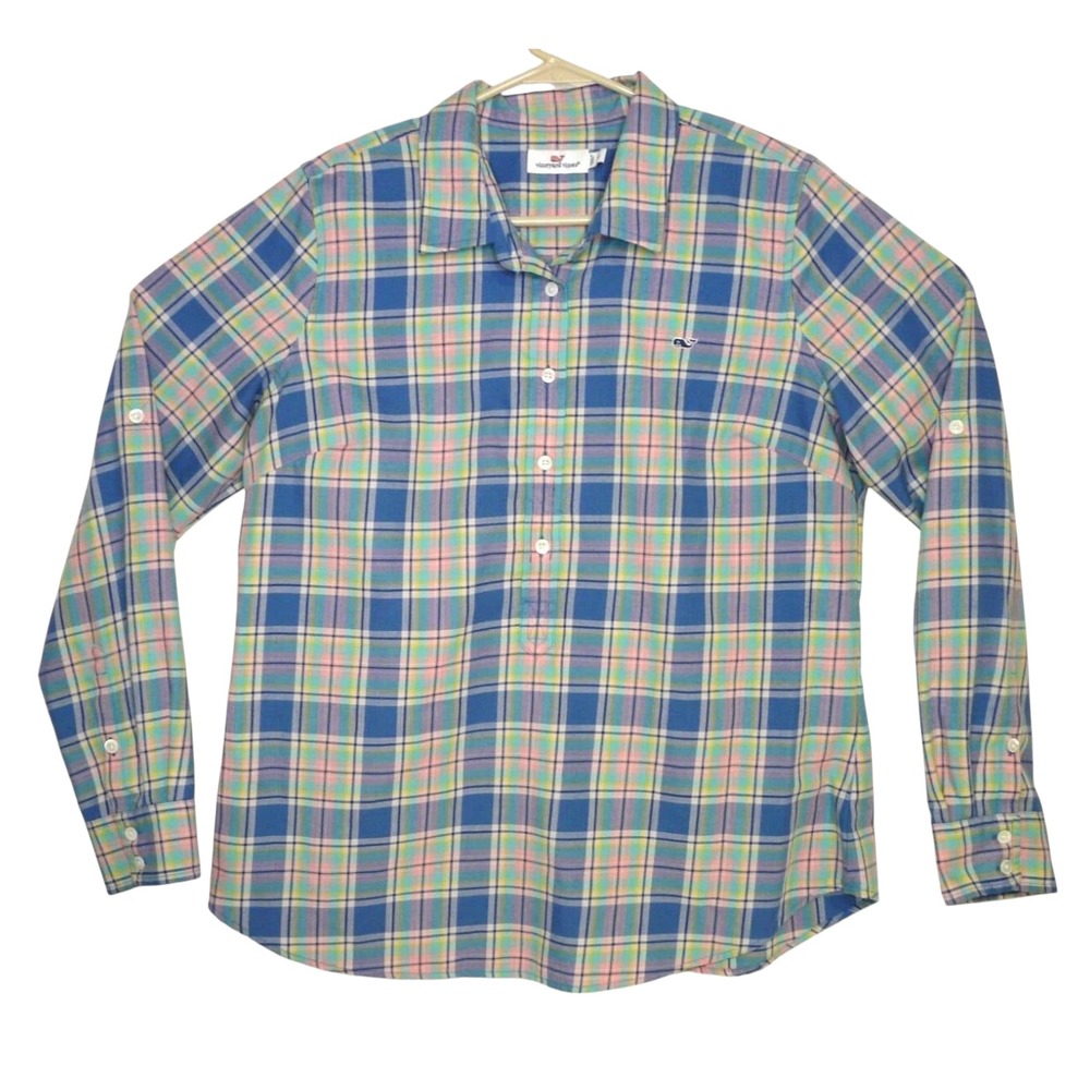 Vineyard Vines Shirt Womens Size 16 Blouse‎ Pullover Roll Tab Sleeves Plaid Logo